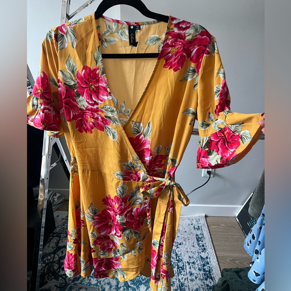 Floral Wrap Dress with frill sleeve in yellow and pink.